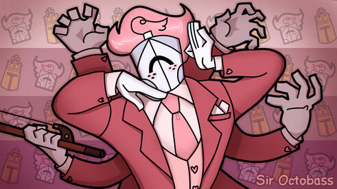 A redrawing of a frame from the music video for Red Flags by Tom Cardy animated by Galoogamelady with Sir Octobass. Sir Octobass wears a red suit with a white dress shirt, pink tie, pink vest, and a pocket square folded to resemble a heart. It also wears a